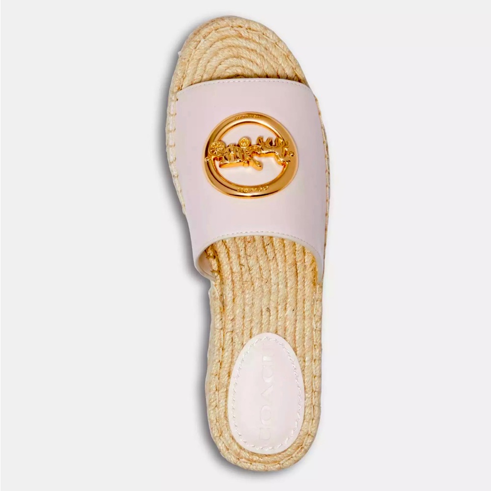 COACH CAMILLE LEATHER UPPER SLIP ON
FABRIC LINING, JUTE FOOTBED
RUBBER OUTSOLE